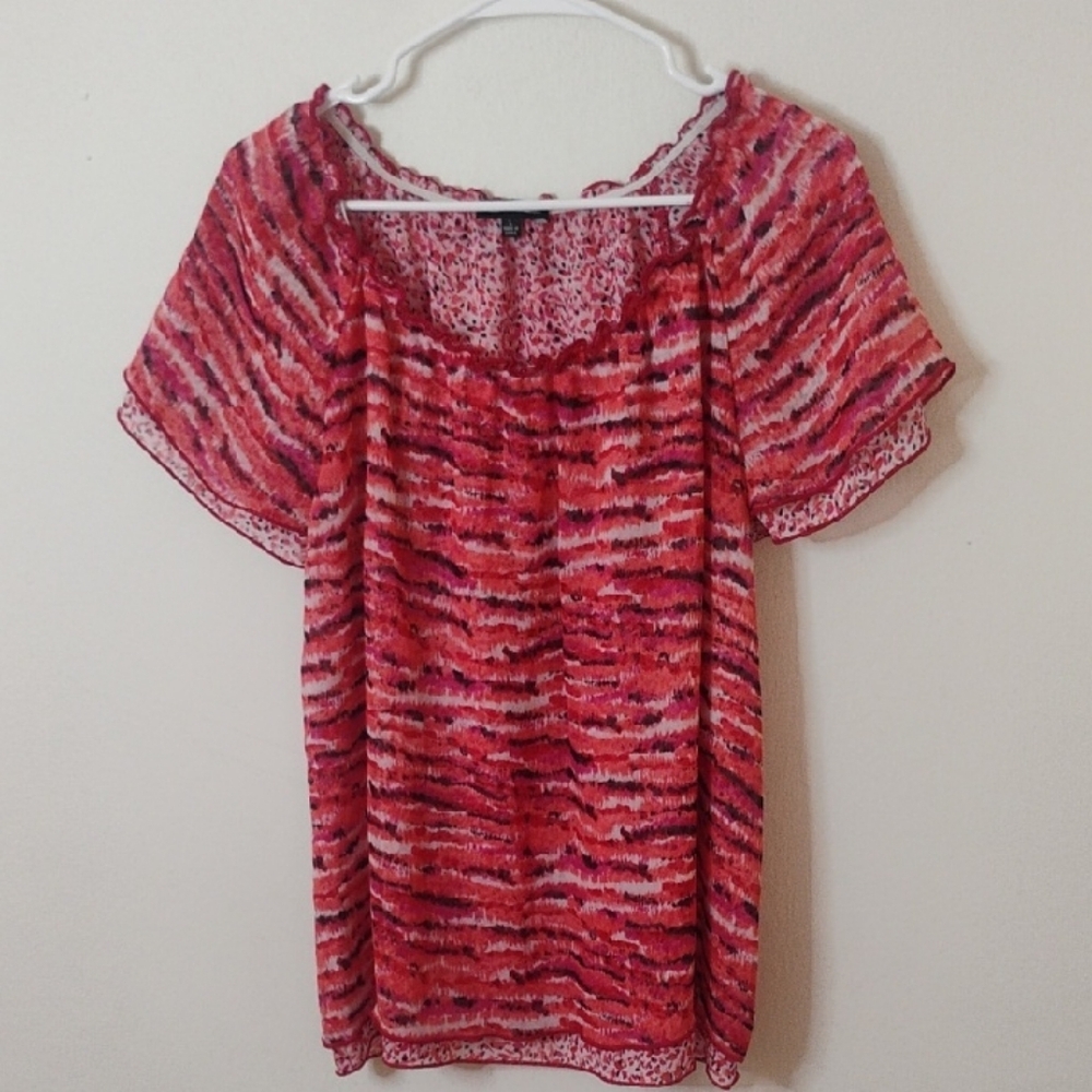Notations Sheer Red and Pink Patterned Blouse Large